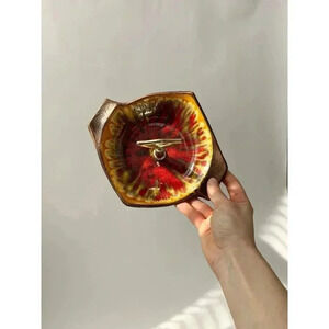 Vintage Carved Wood Gold Tone Drip Glaze Midcentury Modern Ash Tray